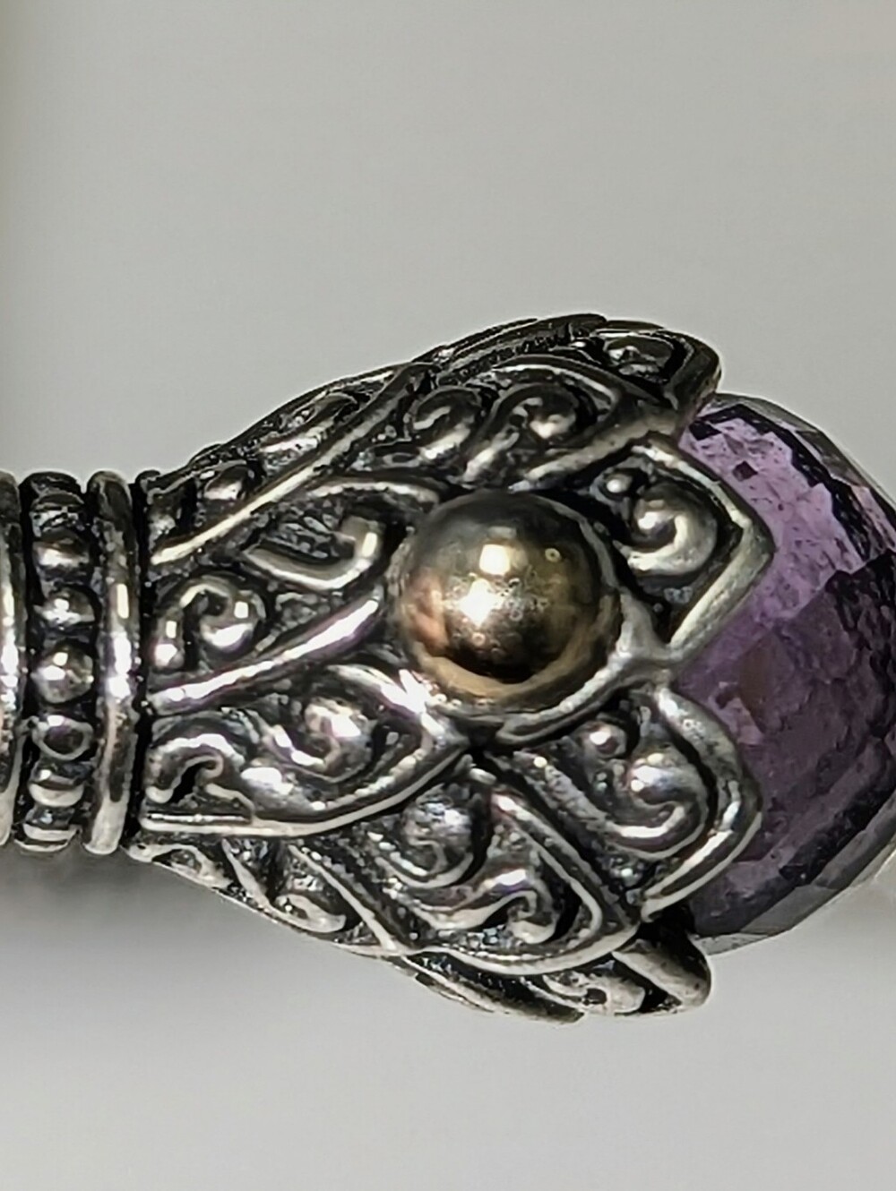 Faceted Amethyst Sterling Silver Bali Hinge Cuff with 18K Gold Accents - Picture 5 of 14